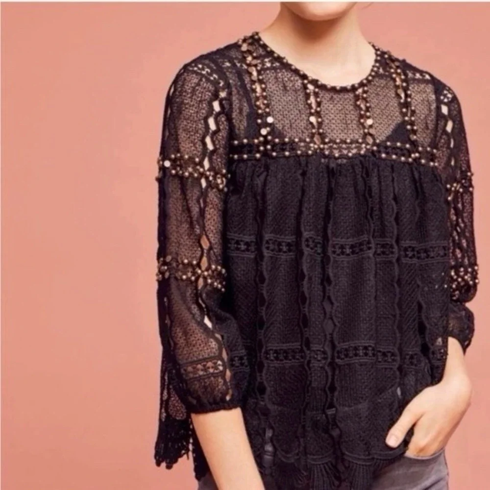 Anthropologie Maeve Top Size XS Auralis‎ Black Lace Eyelet Studded Beaded Sheer